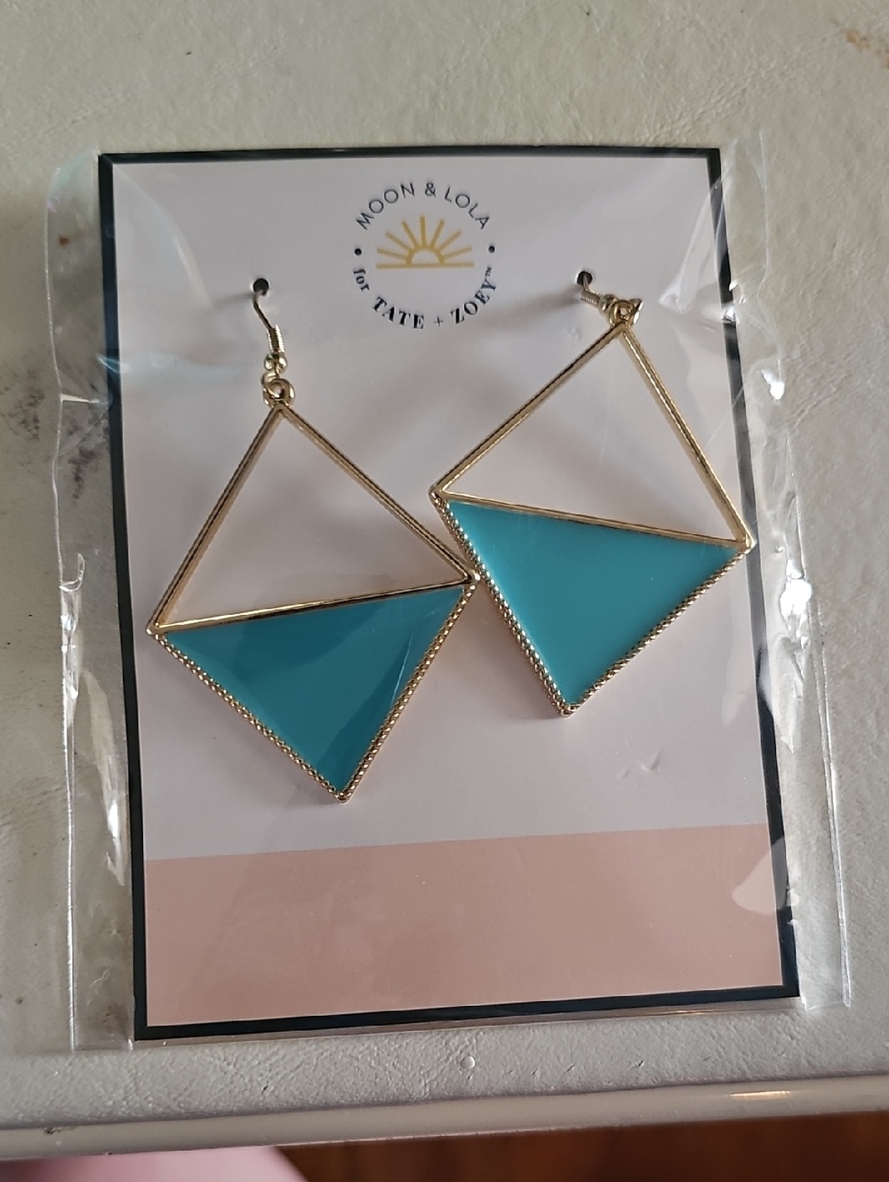 Teal Geometric Drop Earrings with Gold Frame